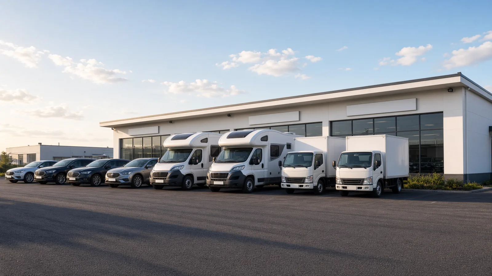 Blick über den Hof: Pkw-Reihe, zwei Reisemobile und helle Trucks unter hellblauem Himmel